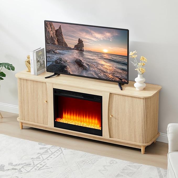 Fireplace TV Stand Fluted TV Stand with Storage and Sliding Door Farmhouse Entertainment Center Media Console Table for Living Room (Natural)