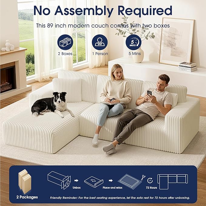 KINGYES 107'' Modular Sectional Sofa L Shaped Cloud Couch for Living Room Modern Plush Corduroy Boneless Sofa with Chaise for Bedroom Beige