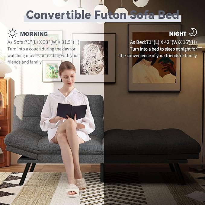 Vyfipt Convertible Futon Sofa Bed 71 Memory Foam Futon Couch with DetachableAdjustable BackrestLinen Fabric Folding Small Loveseat Sleeper for for Living RoomRVOfficeApartmentLight Grey