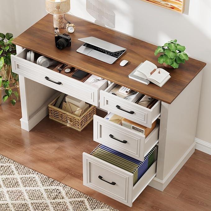 Farmhouse 47 Executive Desk with File Drawer Computer Desk with 4 Drawers Workstation for Study Home Office Writing Unique White.