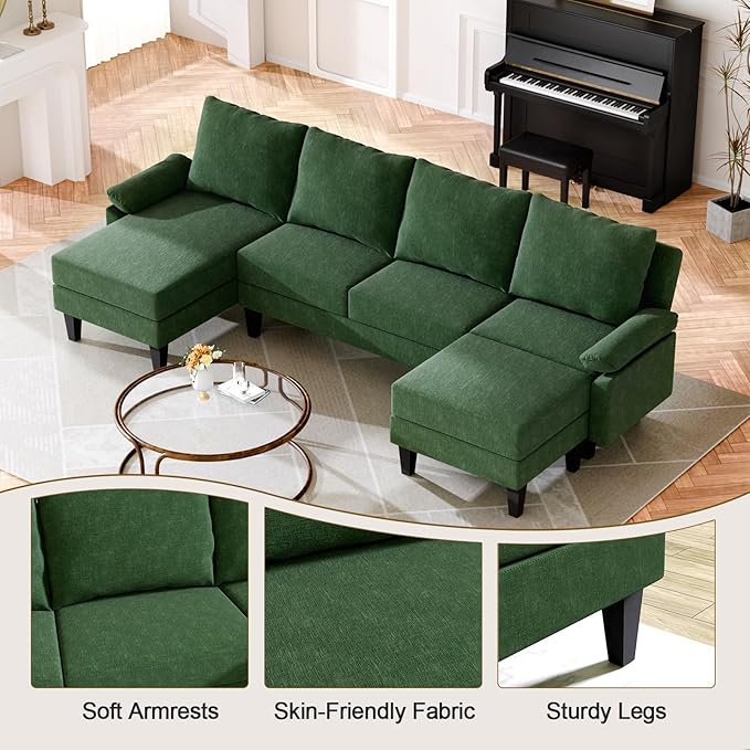 Sectional Couches for Living Room Furniture Sets 4 Seat Modular Sectional Sofas for Living Room Set with Removable Ottoman L Shaped Couch Set with 2 Armrest for Apartment Green