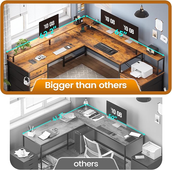 SEDETA L Shaped Desk with 6 Drawer 108 Home Office Desk with File Drawer &amp Power Outlet Corner Computer Desk with Monitor Shelf Two Person Desk Gaming Desk with Led Lights Rustic Brown