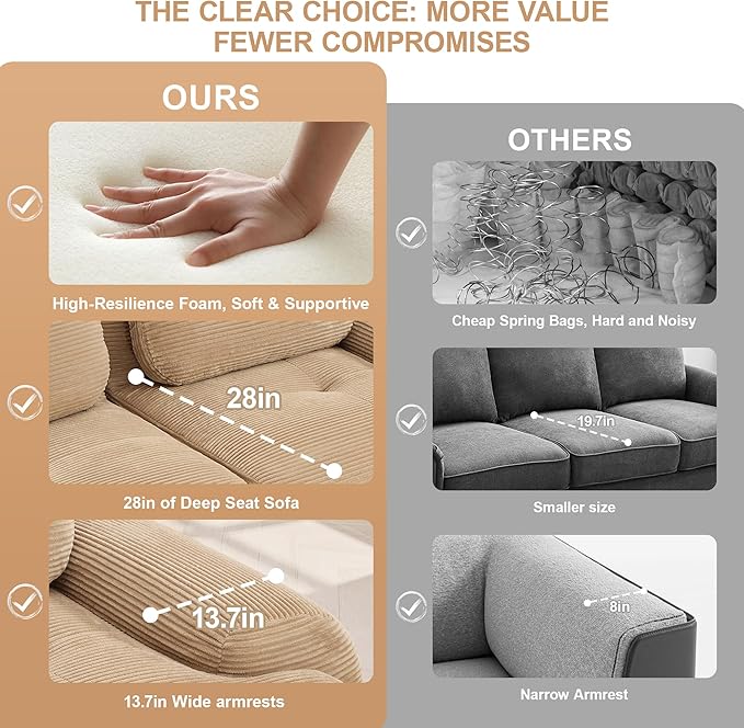 152.7 U-Shaped Cloud Couch Modular Sectional Sofa - Boneless Deep Seat 4-Seater with 2 Movable Ottomans No Assembly Corduroy Upholstery Couches for Living Room (Camel)