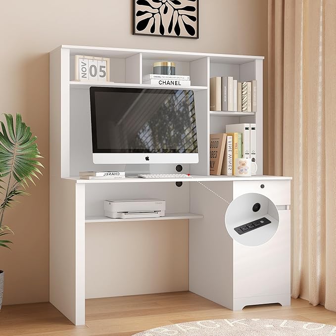 Anwick Home Office Desk with Hutch and Drawer Modern Computer Gaming Desk with Charging Station Study Writing Table with Storage