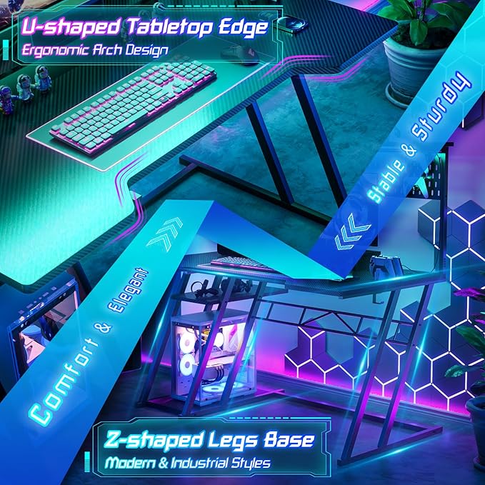 Armocity Gaming Computer Desk with Shelves and Outlets Gaming Desk with Hutch and LED Lights Reversible PC Gaming Desks with Pegboard Carbon Fiber Black 47''