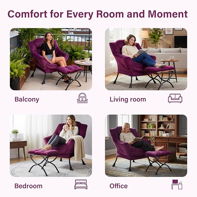 Lazy Chair with Ottoman Modern Accent Chair Lounge Leisure Sofa Chair with Armrests Reading Chair and Folding Footstool for Living Room Bedroom Office Plush Pink