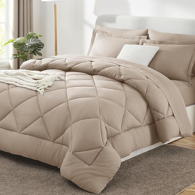 CozyLux Queen Comforter Set Wheat - Bed in a Bag Queen Size 7 Pieces Luxury Soft Bed Set for All Seasons Bedding Set with Down Alternative Comforter Sheets Pillowcases &amp Shams
