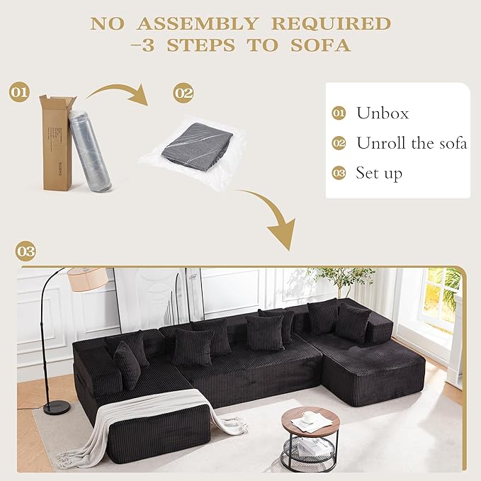 HOMREST 131 Boneless Memory Foam Sofa with Chaise Lounge Comfy Corduroy Deep Seat Modular Sectional Couch Large U-Shaped Floor Sofa for Living Room &amp Apartment No Assembly Required Black