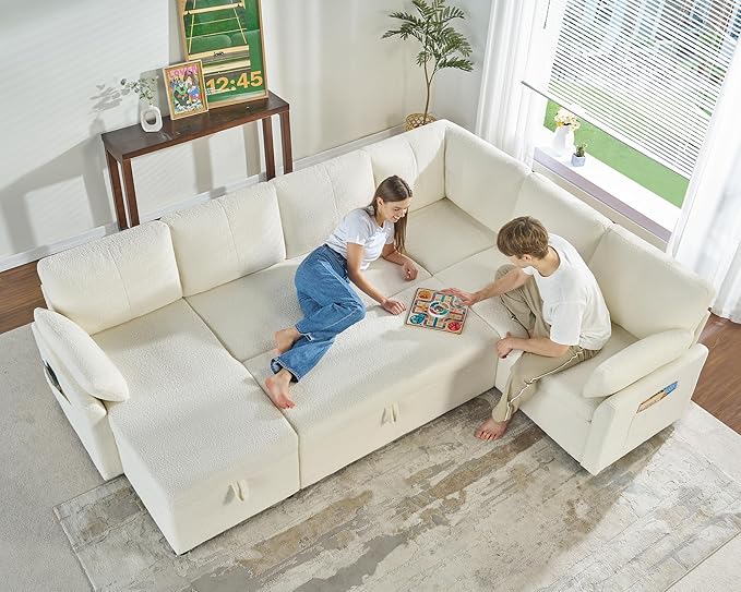 PaPaJet Sofa Bed 112 Inch Sleeper Sofa Oversized U Shaped Couch with Storage Chaise Pull Out Couch for Living Room White Boucle