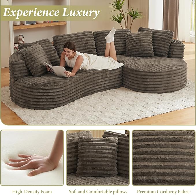 121 Modular Sectional Sofa Oversized Cloud Couch with Deep Seat L Shaped Sofa with Left Chaise Corduroy Boneless Sleeper Sofa Couch No Assembly Needed for Living Room Apartment Brown