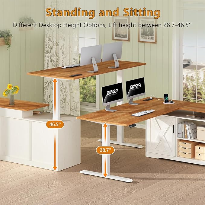 Farmhouse L Shaped Electric Standing Desk with File Cabinet 55 inch Height Adjustable Computer Desk with Drawers ＆ Storage Shelves Corner Standing Desk with Power Outlets Brown and White