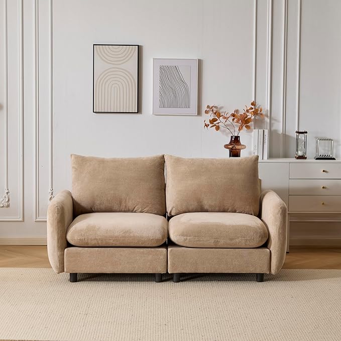 Christopher Knight Home Bricez Modern Fabric Upholstered Loveseat Sofa Wooden Modular Sectional Sofa Couch 2 Seater Comfy Cloud Couch with Pillow for Living Room Home Office Apartment Camel