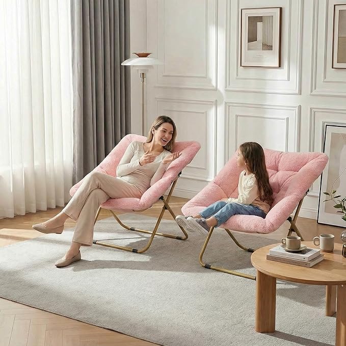 TLSUNNY Comfy Saucer Chair Oversized Foldable Lounge Lazy Chair Soft Faux Fur Reading Chair for Teens Adults Stable Metal Frame Moon Chair for Living Room Bedroom Dorms Office X-Large (Pink)