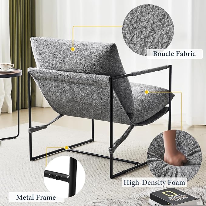 Furniliving Sling Accent Chair with Metal Frame Comfortable Boucle Fabric Arm Chair Upholstered Cozy Reading Chair for Living Room Bedroom Dressing Room Home Office Grey