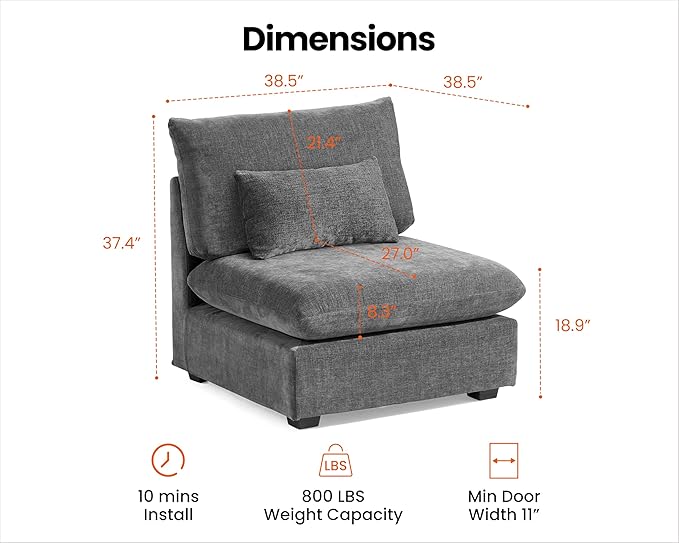 CHIC HOUSE Module for Modular Oversized Couch Corduroy Customizable Chaise Chenille Fabric Ottoman for Sectional Sofa Upholstered Convertible Seater Corner (Single Seater Chenille-Grey)