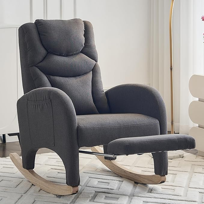 Rocking Chair with Foot Rest Nursery Glider Teddy Gliding Rocking Chair with Retractable Footrest Rubber Wood Legs Side Pocket High Back &amp Wide Seat Nursing Chair for Living Room (Drak Gray)