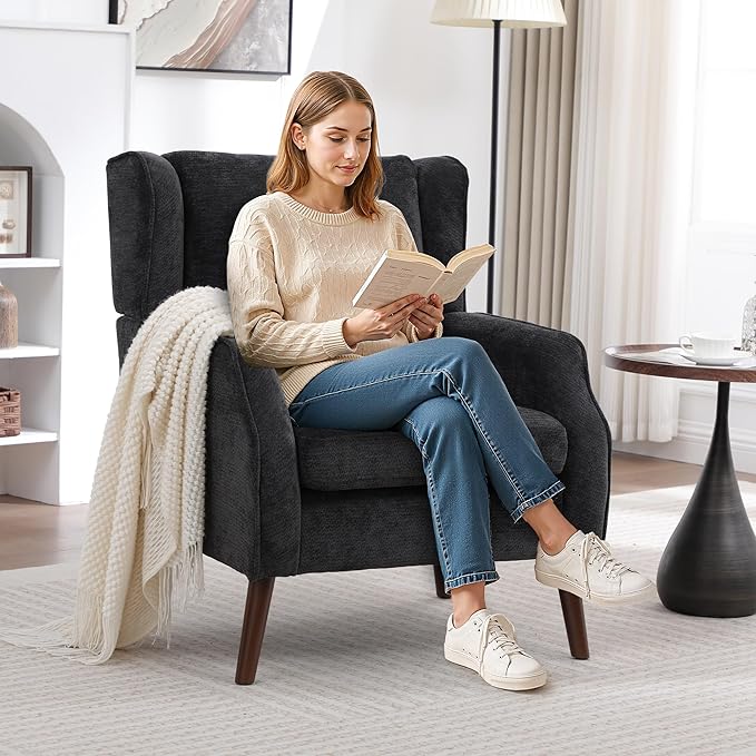 Accent Chair for Living RoomMid Century Modern Wingback Chair for BedroomUpholstered Armchair with Lounge Seat and Wood Legs for Office Apartment Small Room 2PCS Black