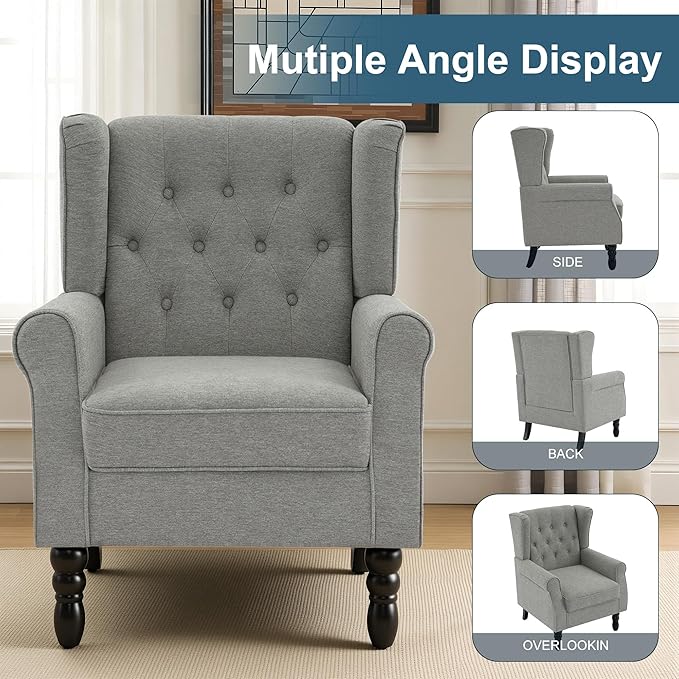 Accent Chair High Back Upholstered Chair with Button Tufted Mid-Century Modern Comfy Wingback Chair Reading Armchair in Fabric for Living Room for Bedroom Office-Light Gray