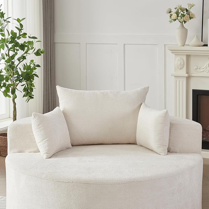 Oversized Round Chaise Lounge Chair Indoor 55W Circle Comfy Armchair with Deep Seat Floor Cloud Boneless Chair Upholstered Modern Cozy Sofa Chairs for Living Room Bedroom(Grid Chenille Beige)