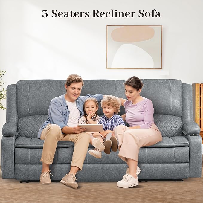 Recliner Sofa 3 Seater Manual Reclining Sofa with 2-Tier Cushion Reclining Couches for Living Room with Removable Console Hidden Storage Space Cup Holders - Gray