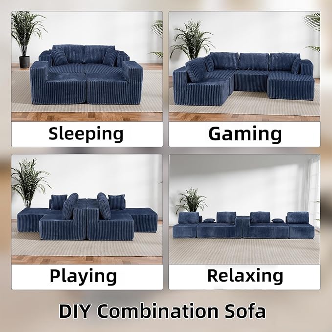 132 U Shaped Sectional Couch Large Modular Cloud Couches with Double Chaise Lounge Comfy Corduroy Cloud Sofa with Pillows Boneless Couches for Living Room Blue
