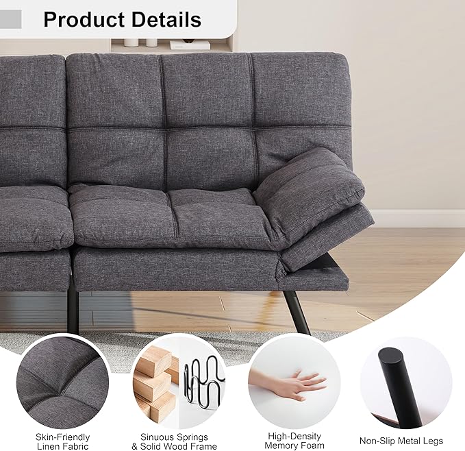 MUUEGM Futon Sofa Bed 71 Comfortable Memory Foam Futon Sofa with Adjustable Backrest &amp Armrests Convertible Loveseat Recliner Sleeper Sofa Bed for Compact Living Room Apartment Office Grey