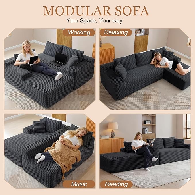 108 Cloud Sectional Couch Modern Boneless Couch with L-Shape Chaise Deep Seat Modular Sectional Sofa Corduroy Corner Couches for Living RoomNo Assembly Required (Black Left Facing Chaise)