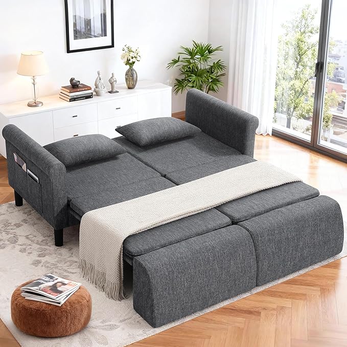 SEJOV 74 Convertible Sofa Bed 5-in-1 Loveseat Sleeper Sofas with Pull Out Couch Bed Storage Pockets &amp 2 Pillows Modern Folding Linen Futon Couch for Living Room Bedroom Small Space Dark Gra