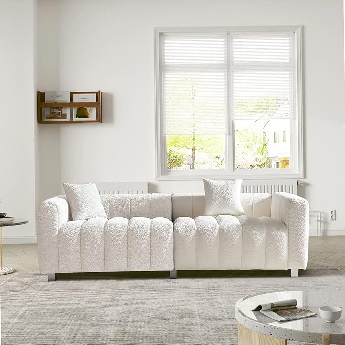 87.4 Modern 3 Seater Boucle Sofa Couch for Living Room Mid Century Fluffy Couches with Solid Wood Frame and 6 Legs for Bedroom Apartment Weight Capacity 750 LBS (White)