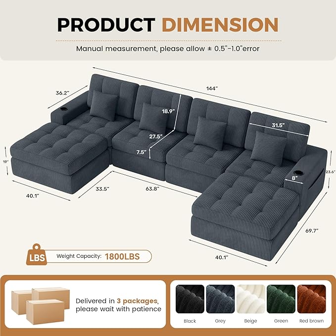 144 U Shaped Cloud Boneless CouchModern Modular Sectional Sofa with Layered CushionNo Assembly Convertible Corduroy Couches for Living RoomGrey 1 PCS