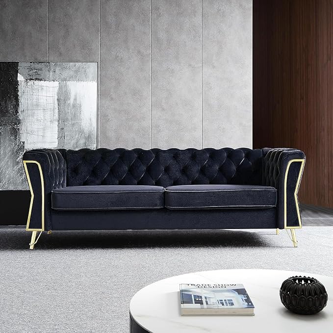 KEVINSPACE 87.4 Velvet Modern Chesterfield Tufted 3 Seater Button Sofa Mid Century with Unique Arms for Living Room Bedroom Small Space - Black
