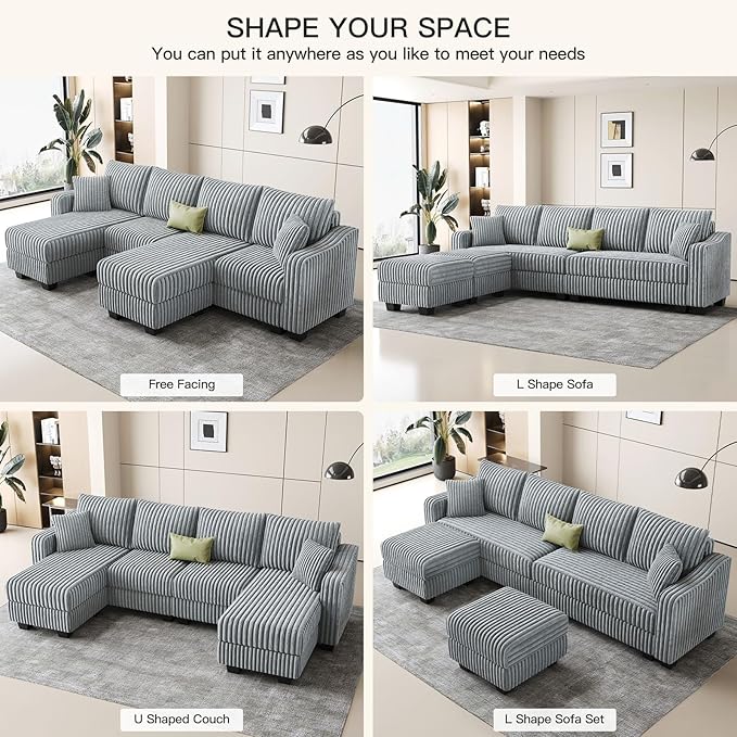 Belffin U Shaped Couch with Reversible Chaises Sectional Couches for Living Room Sectional Couch with Ottomans Corduroy (Light Grey U Shaped)