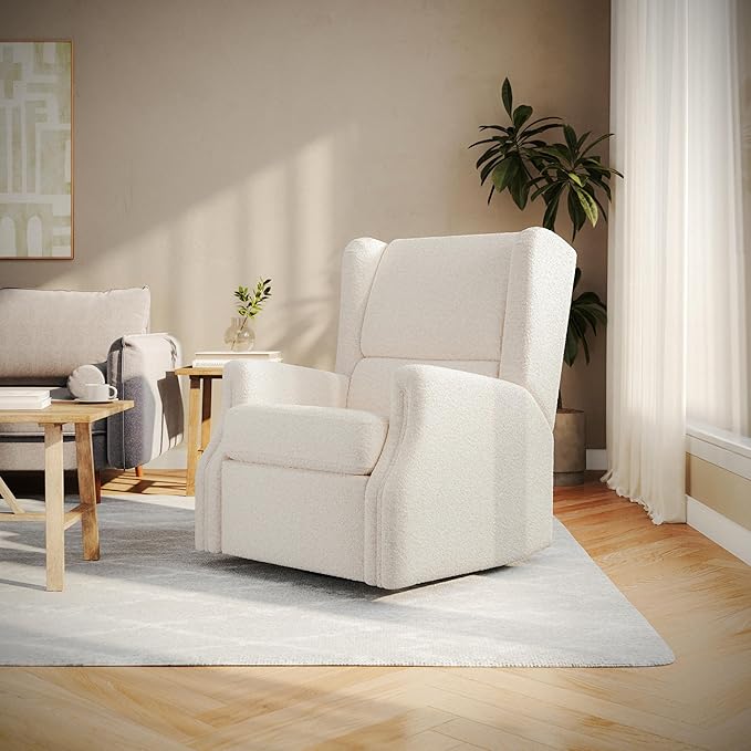 Flash Furniture Omma Swivel Glider Rocking Recliner Manual Wingback Recliner with 360 Degree Swivel for Living Room Bedroom or Nursery Upholstered Off-White Boucle