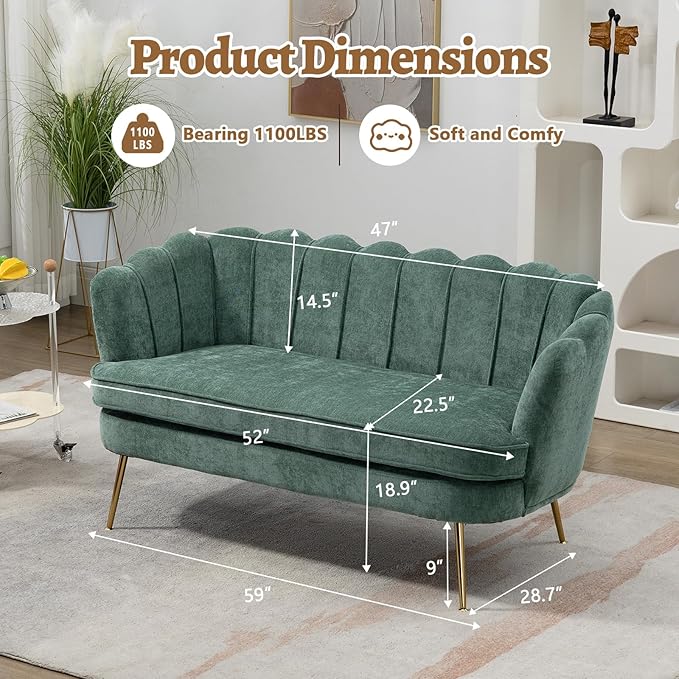 59 Small Loveseat Sofa 2-Seater Modern Chenille Couch with Gold Metal Legs &amp Floral Backrest Compact Apartment Sofa for Living Room Bedroom Office Dorm (Chenille Green)