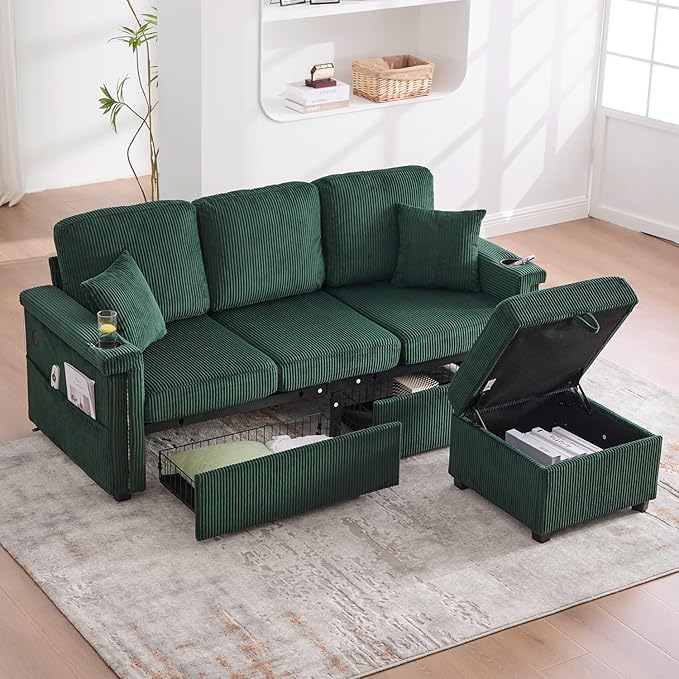 76'' Sectional Sofa Couches for Living Room 3 Seat L-Shaped Couch with Storage &amp Ottoman Corduroy Convertible Sofas with Chaise Apartment with USB Charging Cup Holder (Emerald)