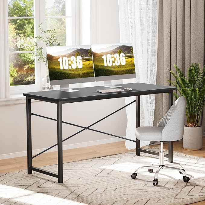 Sweetcrispy Small Computer Desk55 Inch Office Writing Work Desk with Metal Frame Wooden Tabletop Student Study Home Bedroom Table with X-Shaped Reinforcement Black