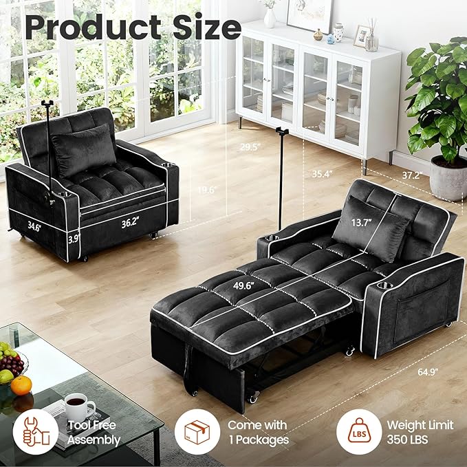 Sleeper Chair Pull Out Chair Sleeper with Bracket and Cup Holder Single Convertible Chairs Bed Sleepers for Adults 3 in 1 Sofa Bed Chairs for Small Spaces Living Room Black