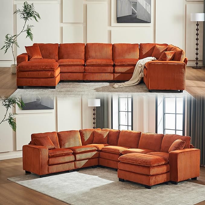 143 Large Modular Sectional Sofa Convertible U - L Shaped 6-Seat Sofa Couch with One Ottoman Chaise and Pillows Sectional Couches Comfy Corduroy Upholstered Sofa Sleeper for Living Room (Orange)