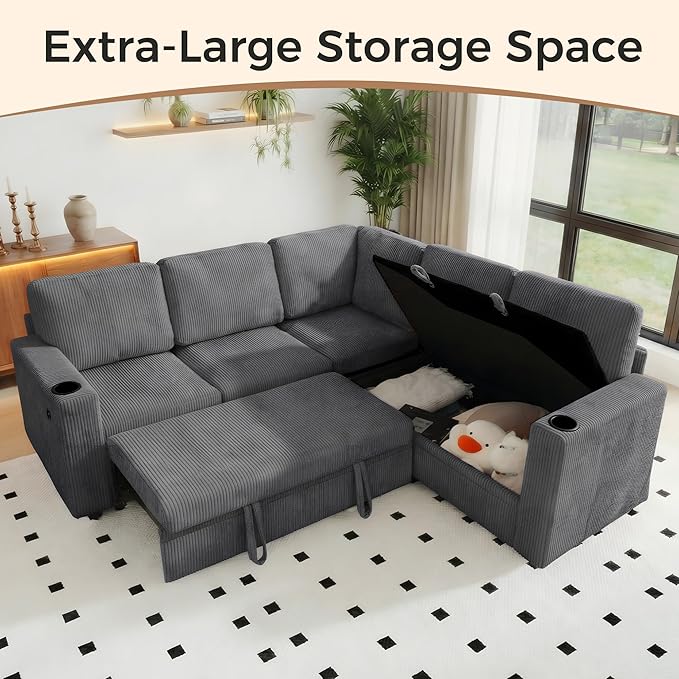 Sectional Sleeper Sofa with Pull Out Bed Plush Corduroy L Shaped Corner Couch with Storage USB Ports Cup Holders Comfy Sectional Couches for Living Room Grey | Modular Couch for Apartment Tool
