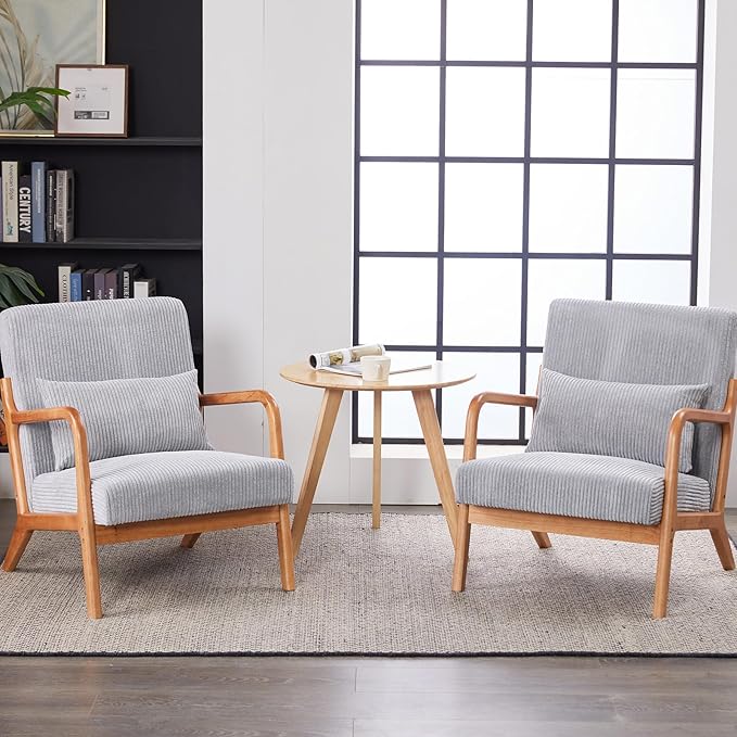 Mid Century Modern Accent Chair with Waist CushionComfy Upholstered Lounge Chair Ergonomic Reading Chair with Solid Rubberwood Frame for Living Room Bedroom (Light Grey)