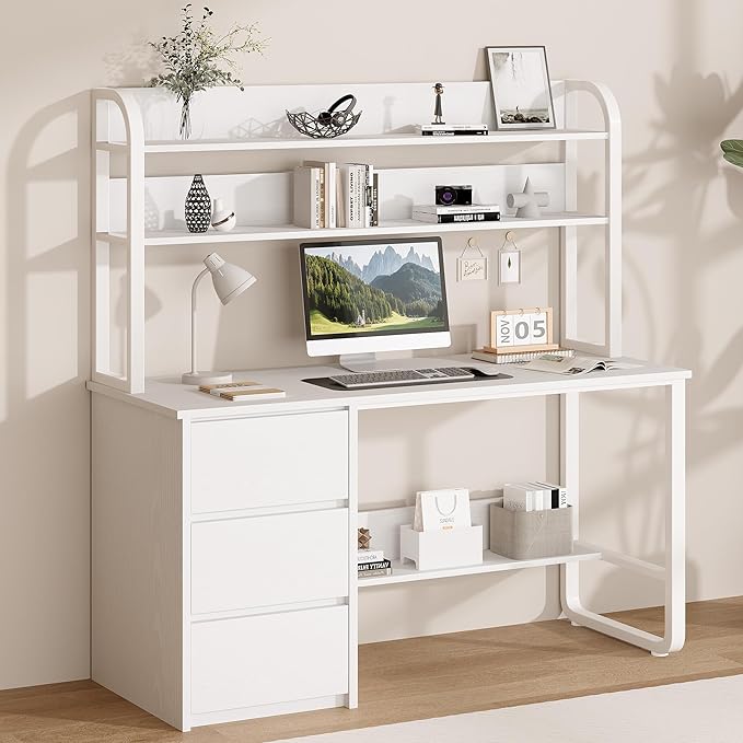 White Desk with Hutch 55 Inch Computer Desk with 3 Drawers for Bedroom Study Writing Desk with Shelves for Small Spaces Adjustable Feet