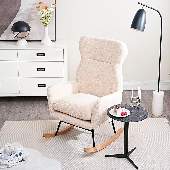 Modern Rocking Chair with High BackrestTeddy Material Comfort Arm Rocker Lounge Armchair for Living Room