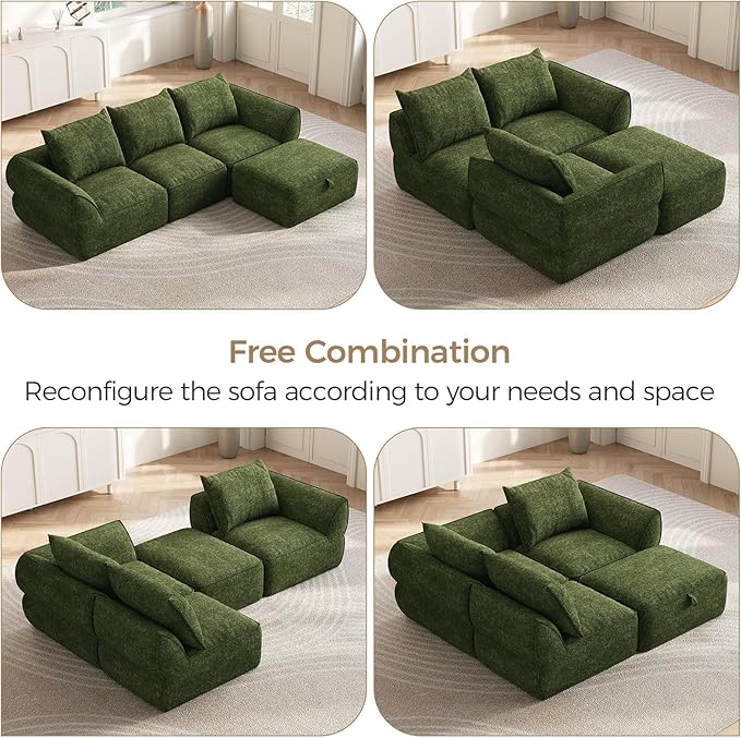 104 Modular Sectional Sofa with Deep Seat Comfortable Upholstery L Shaped Cloud Couch for Living Room 3-Seater Boneless Sofa with Movable Ottoman Removable Cover No Assembly Required Algae Green