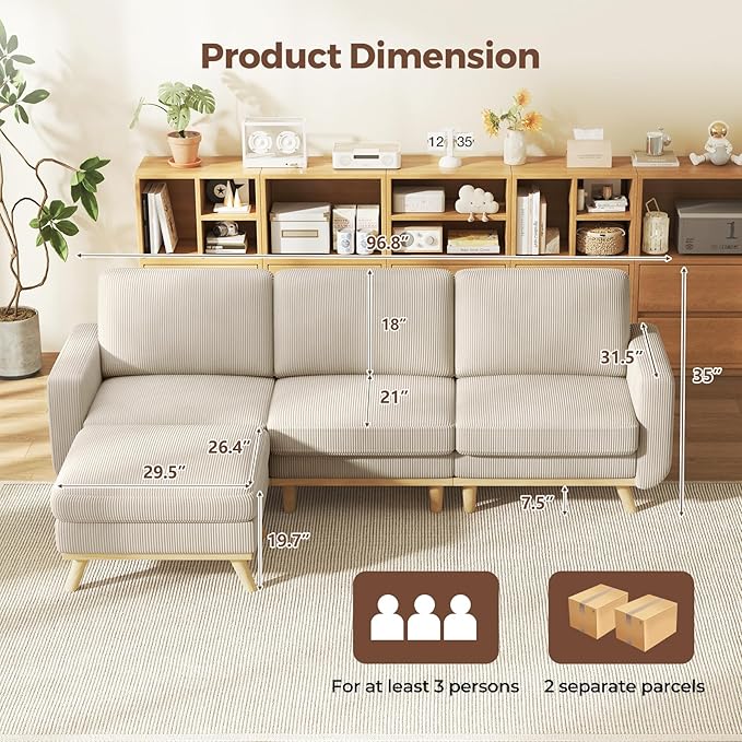 97 Light Gray Corduroy Modular Sectional Sofa L-Shaped Couch with Movable Ottoman &amp Spring Cushion Deep Seat Modular Sofa for Living Room Bedroom Apartment