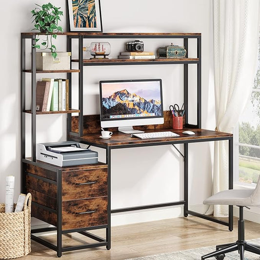 Tribesigns 55 Inch Computer Desk with 2 Drawers and Storage Shelves Rustic Office Desk with Hutch Study Writing Gaming Table Laptop Workstation for Home Office (Brown)