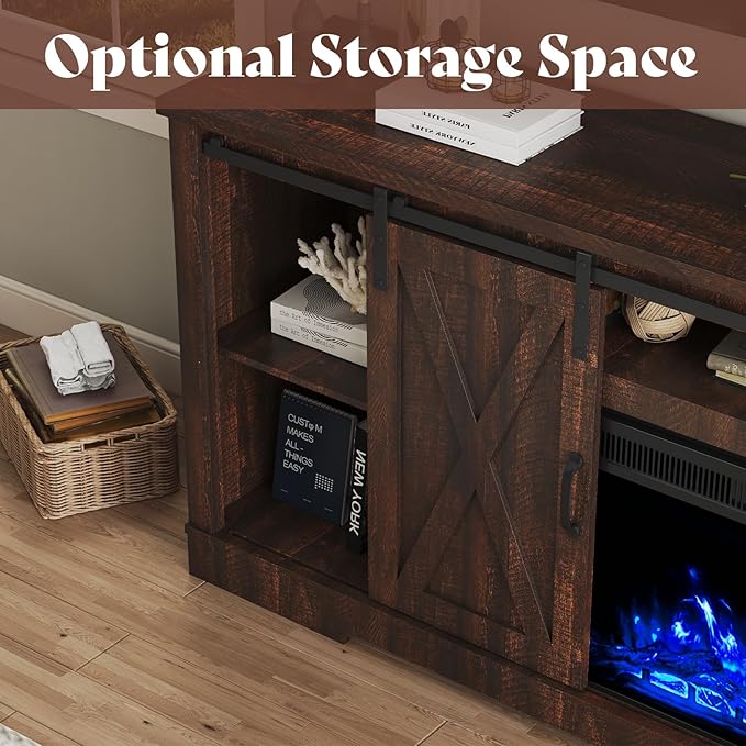 AMERLIFE Fireplace TV Stand with Sliding Barn Door for TVs up to 73 Farmhouse 63 Fireplace Entertainment Center with Storage Cabinets/Adjustable Shelves Reclaimed Barnwood