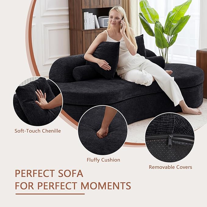 AVZEAR 78 Curved Loveseat Sofa Chenille Upholstered 2 Seater Couch for Living Room No Assembly Modern Love Seat Cloud Sofa with 2 Bolster Pillows &amp 2 Square Pillows High-Density Foam Black