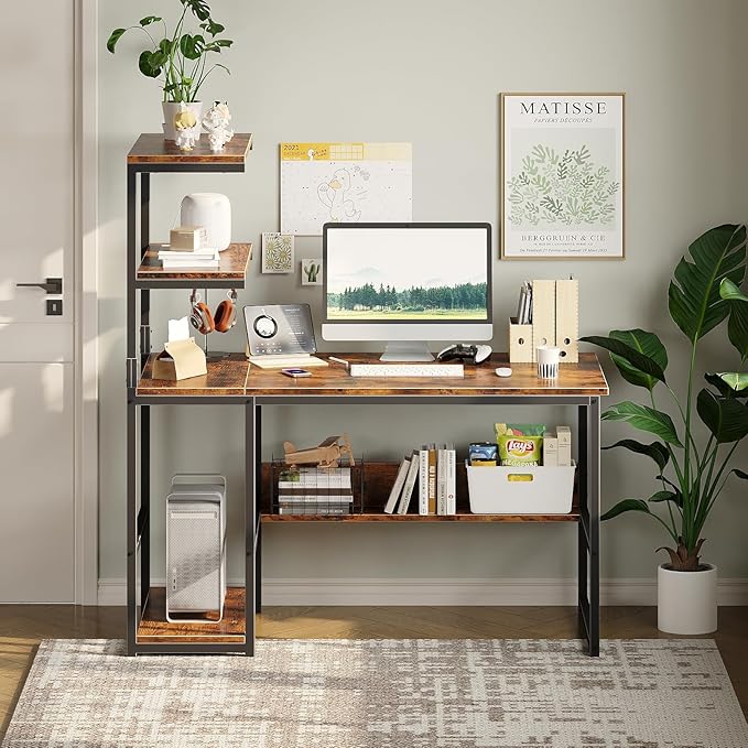 ALISENED 47 Inch Computer Desk with 4-Tier Storage Shelves Modern Large Office Desk Computer Table Studying Writing Desk Workstation with Bookshelf and Tower Shelf for Home Office