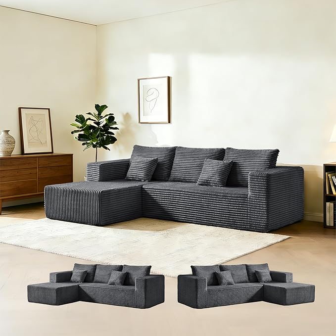 106 Corduroy Boneless Modular Sectional Sofa Cloud-Louch Deep Seat Sofa with Left Chaise for Living Room &amp Bedroom（L-Shaped Left Hand Facing ）