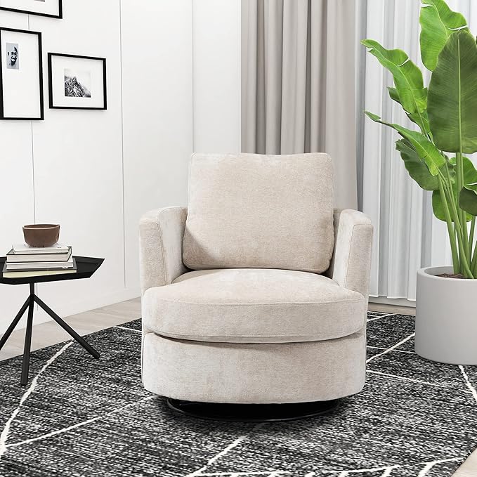 31.9W Beige Chenille Swivel Accent Barrel Chair Comfy Round Accent Sofa Chair 360 Rotation Degree Club Chair Leisure Arm Chair for Nursery Bedroom Living Room Lounge Hotel Office (Beige)